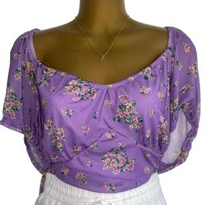 Love, Fire Purple Floral Sweetheart Ruched Crop Top Curvy Plus 1X NWT